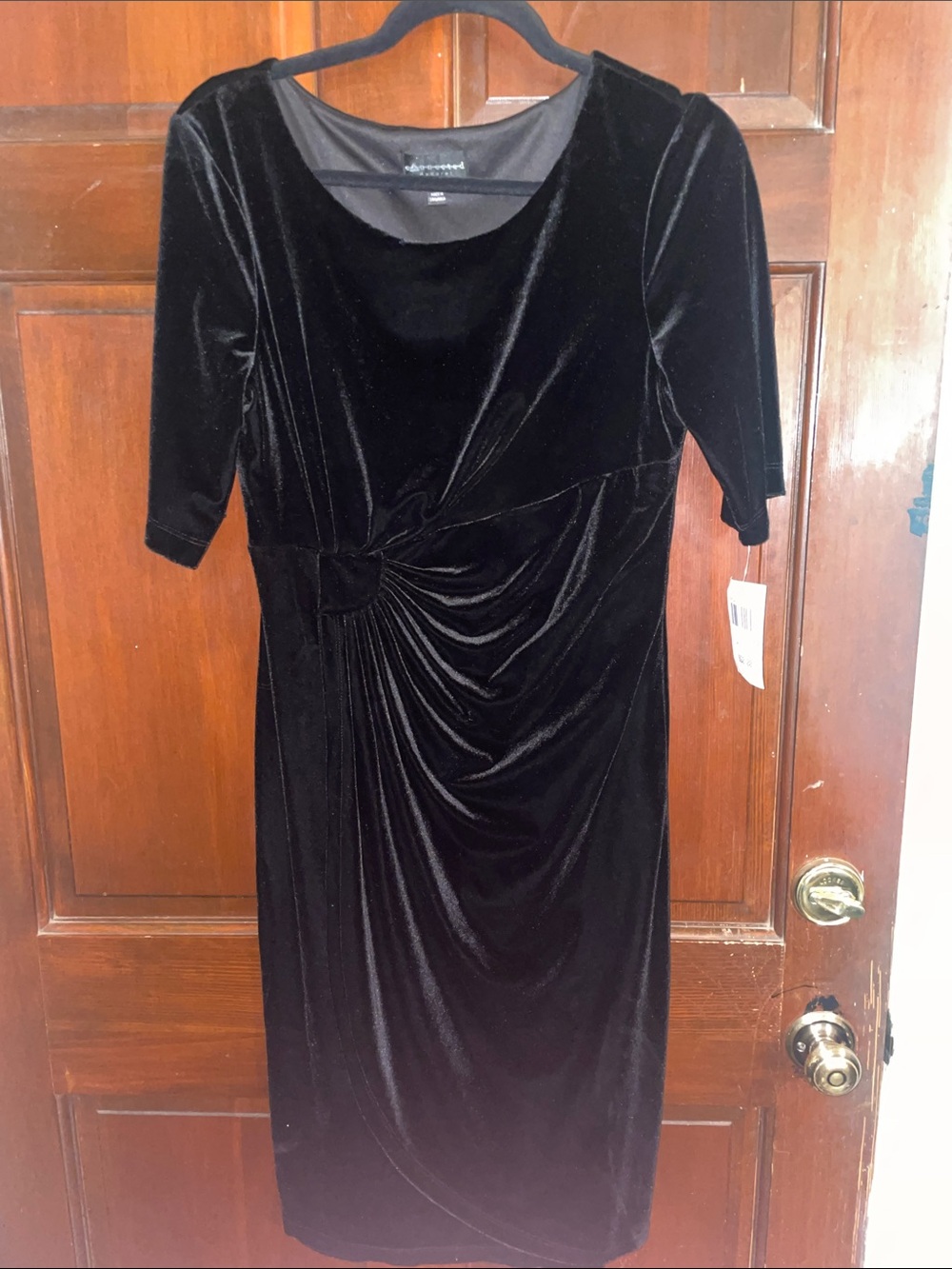 connected apparel Black Velvet Midi Dress with Gathered Side Detail